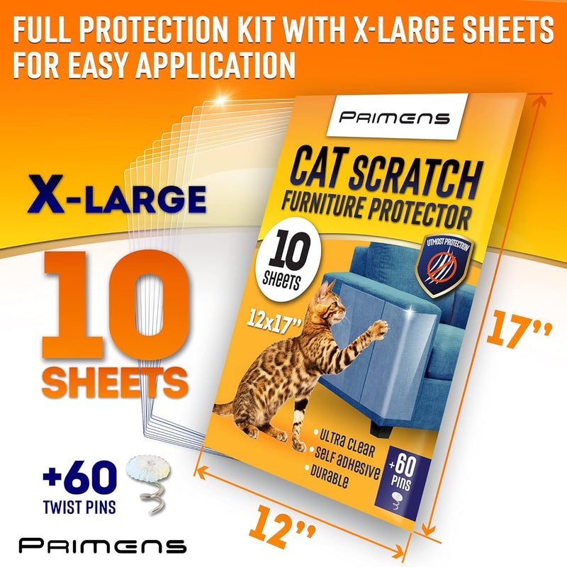 Primens Heavy Duty Cat Scratch Deterrent Furniture Protectors for Sofa, Doors, Clear Couch Protectors from Cats Scratching, Anti Cat Scratch Tape Guards (Transparent, 10 Sheets 17x12) - Image 3